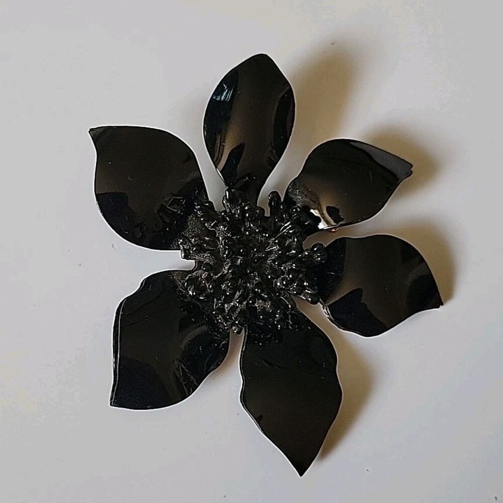 Vintage Black Lucite Sunflower Brooch Pin Boho Cottage Goth Mod Preppy Retro